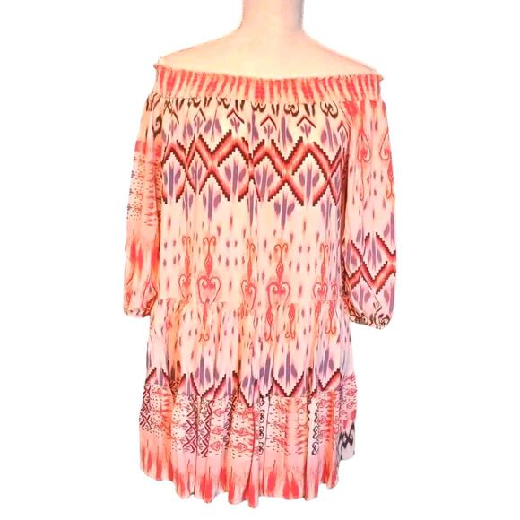 Off Shoulder Dress Sz 4/6Cream Red/Orange Blue Flowy Mini Coquette Lascana - Picture 2 of 12